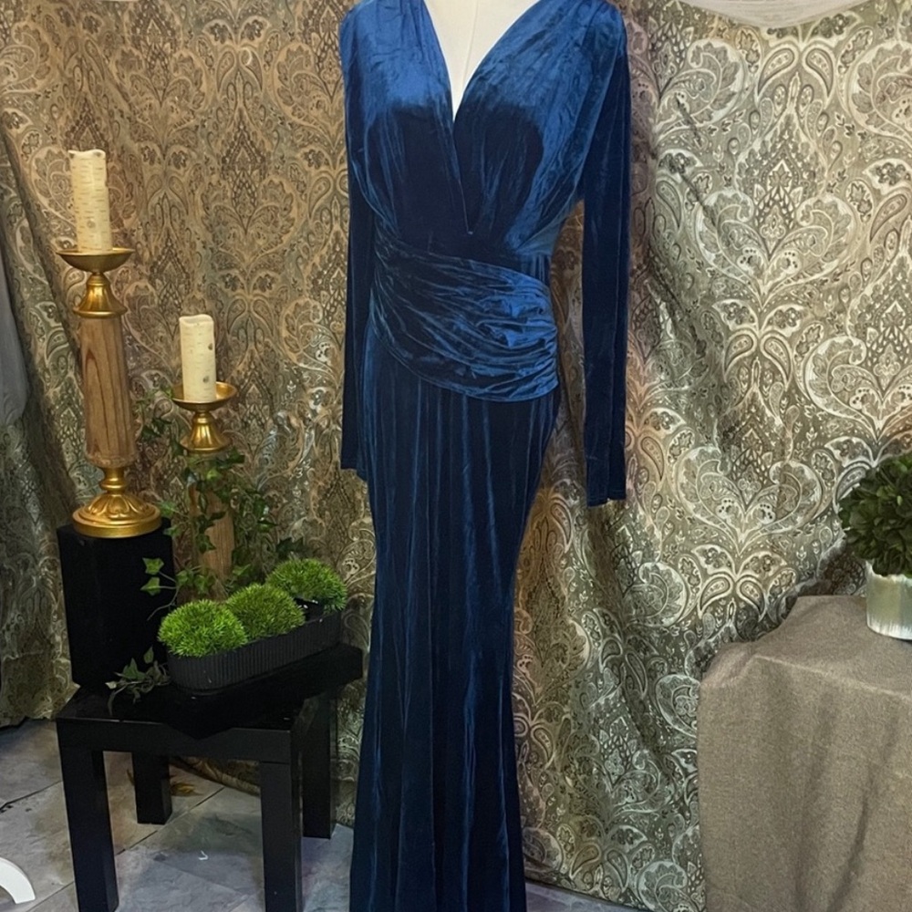 Blue Velvet Floor Length Long Sleeve Dress